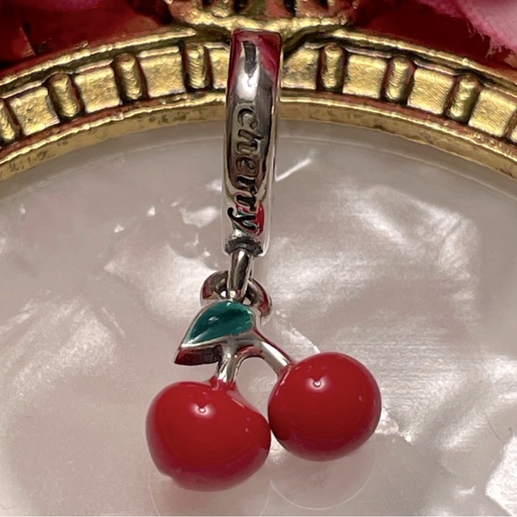 Charm for Pandora Bracelet 2 Red Cherries on the Stem Sterling Silver - Picture 1 of 8